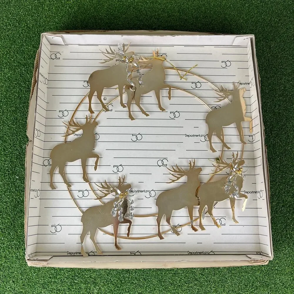 Vintage Department 56 Metallic Silver Chrome Christmas Reindeer Wreath